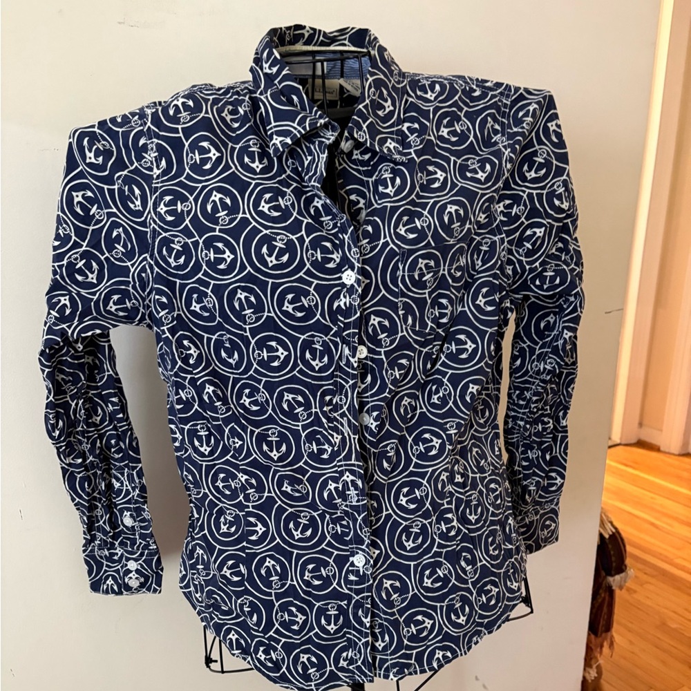 L.L. Bean Navy and White Anchor Print Blouse
